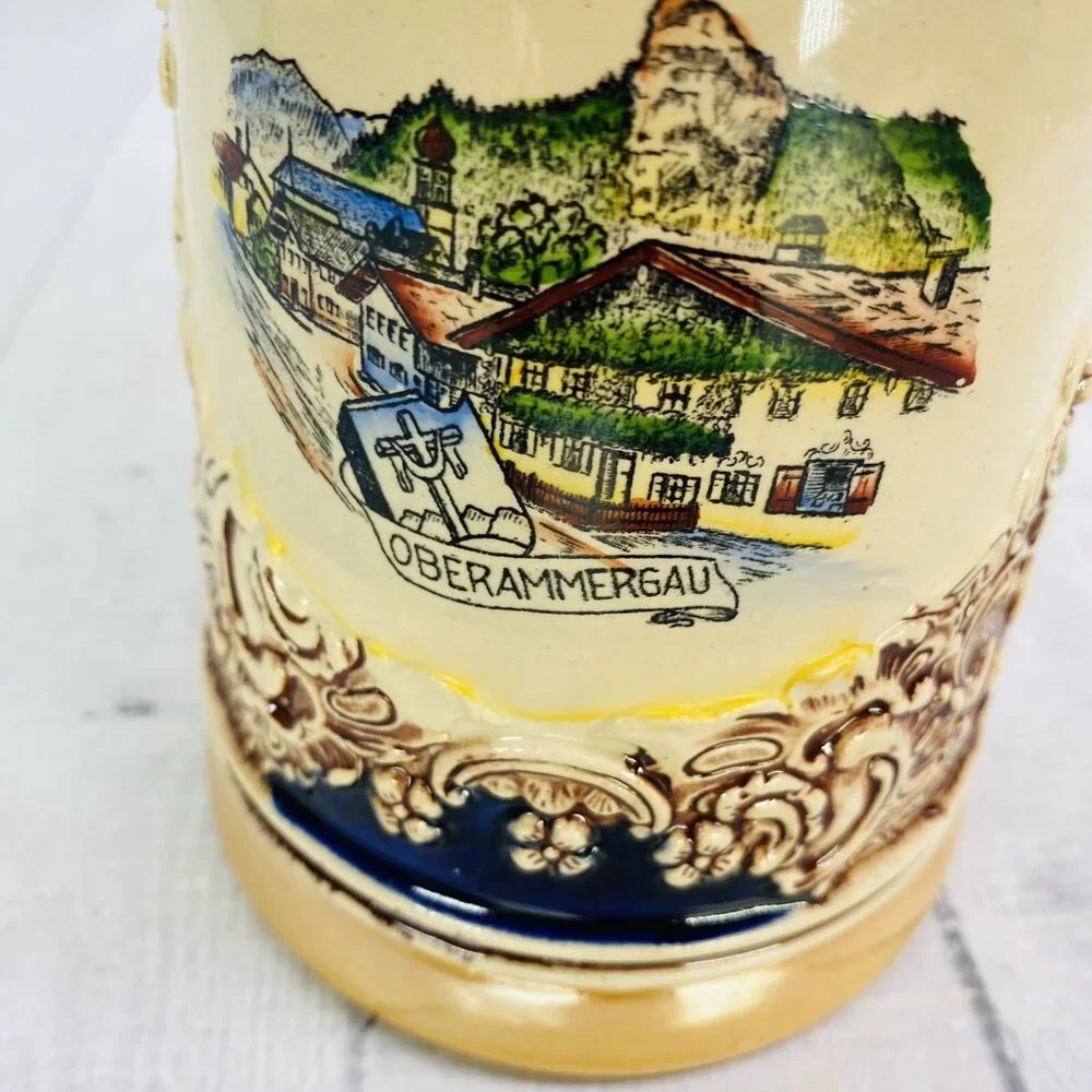 Vintage Original King Western Germany OBERAMMERGAU Handled Lidded 700 Beer Stein
